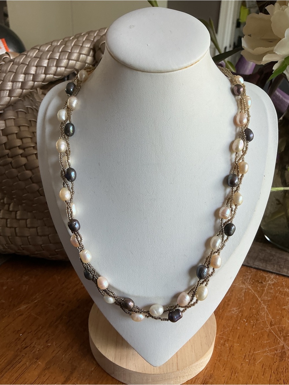 Vintage Multi-Color Pearl Twisted Necklace — Cream, Blush, Dark Peacock